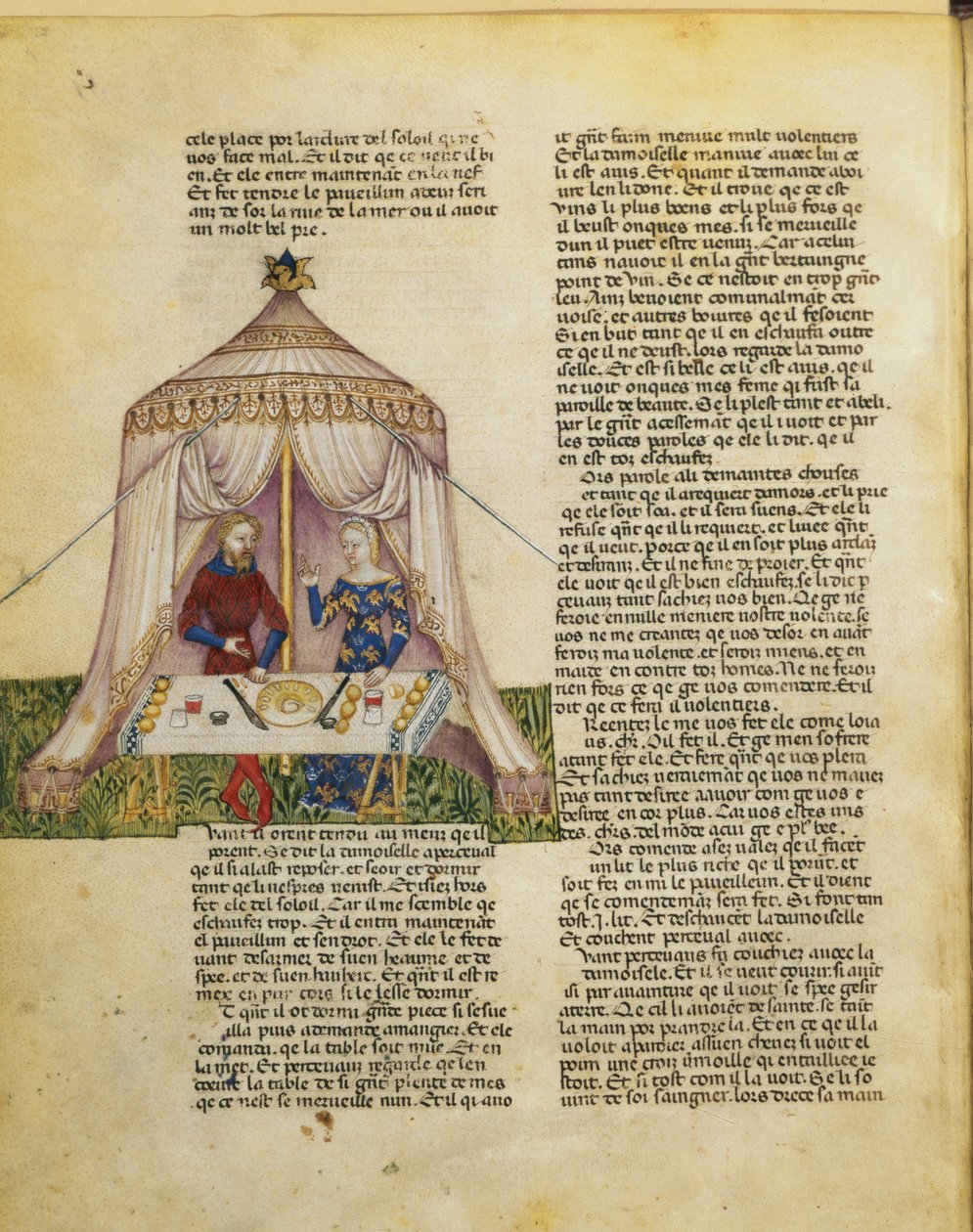 Fr 343 f.31v Sir Percival blir fristet av en jente som gir ham en fest før hun forfører ham, fra Queste del Saint Graal, ca. 1380-85 av Italian School