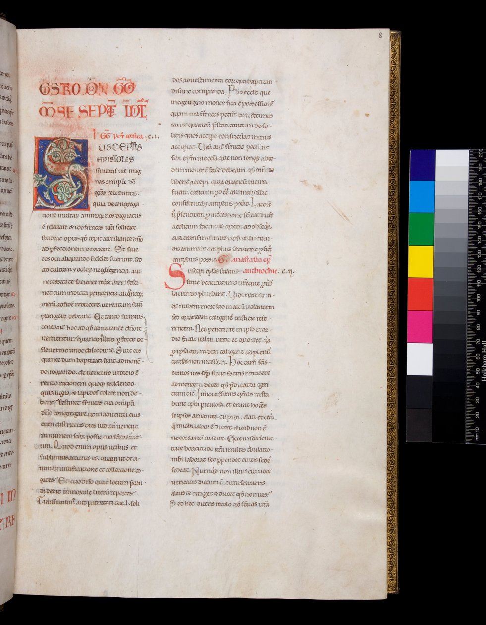 Ms 143. Gregor den store, Registrum Epistolarum, f.8r. Dekorert initial [S] med hvite vinbladsfyllinger og slutter av Italian School