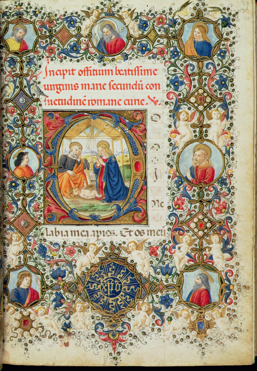 Ms 154 f.14r Adoration of the Christ Child, fra en timebok, italiensk av Italian School