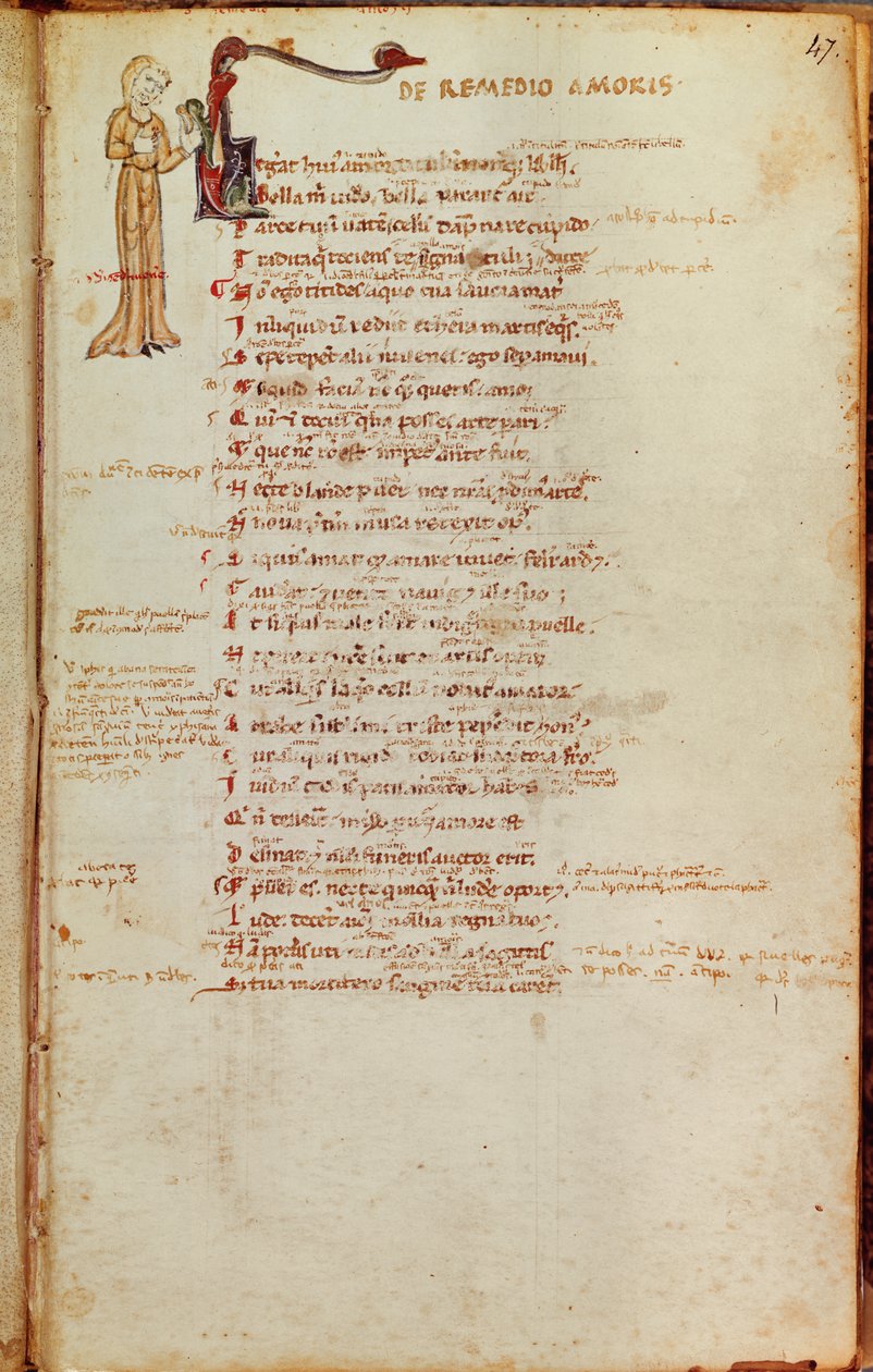Ms 19 fol.47 Side med tekst med en historisk initial, fra LArt dAimer av Ovid (43-17 f.Kr.) av Italian School