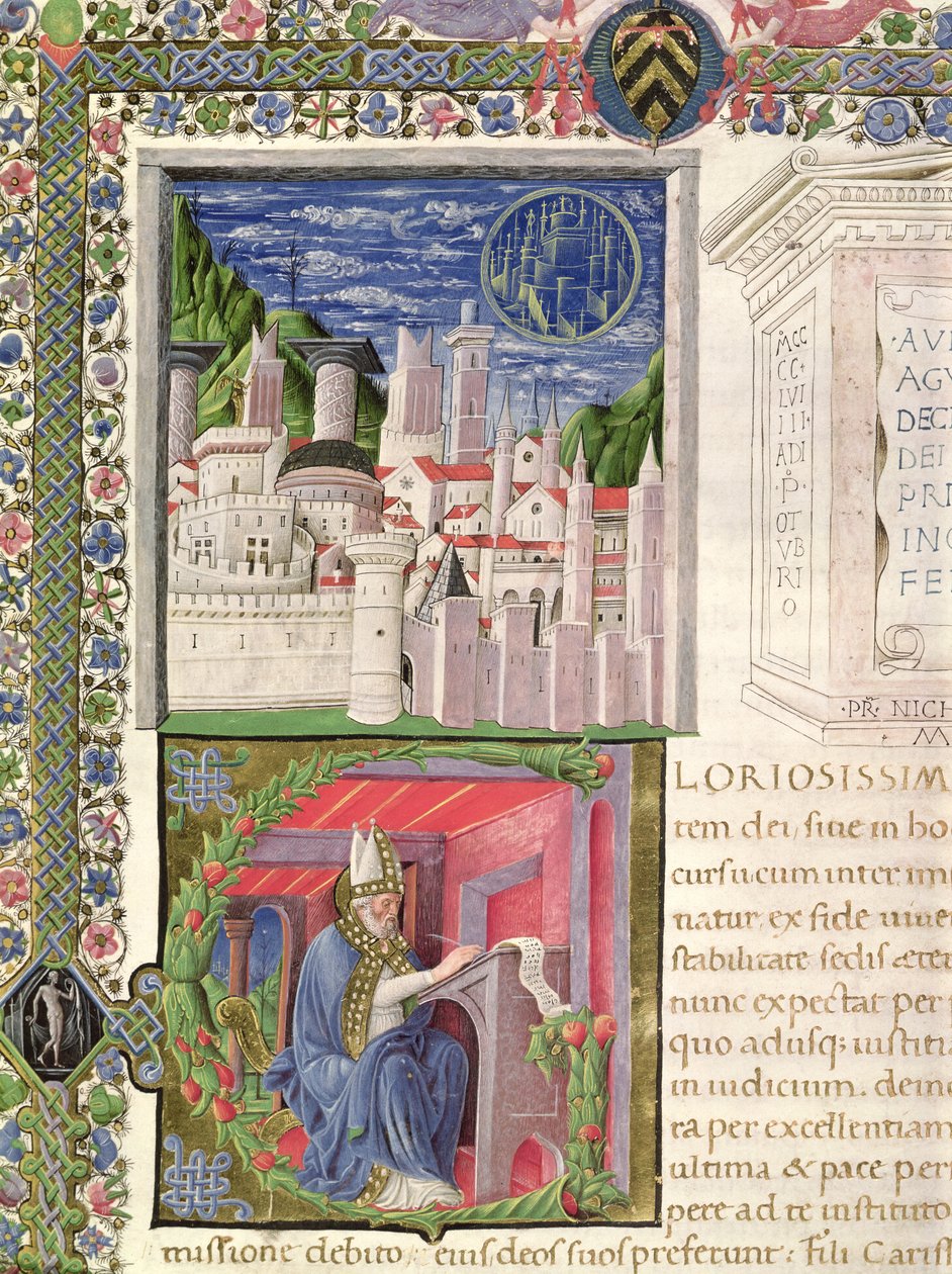 Ms 218 f.2r Utsikt over Roma som Guds by, og St. Augustine-skrift, fra 'De Civitate Dei' av St. Augustine av Hippo (354-430) 1459 (vellum) av Italian School