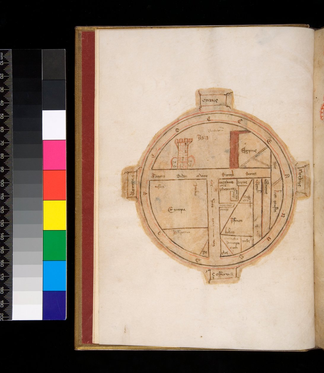 Ms 315. Horace, Ars Poetica og Epistulae, f.1v. TO Kart over verden, med et tårn som representerer Jerusalem av Italian School