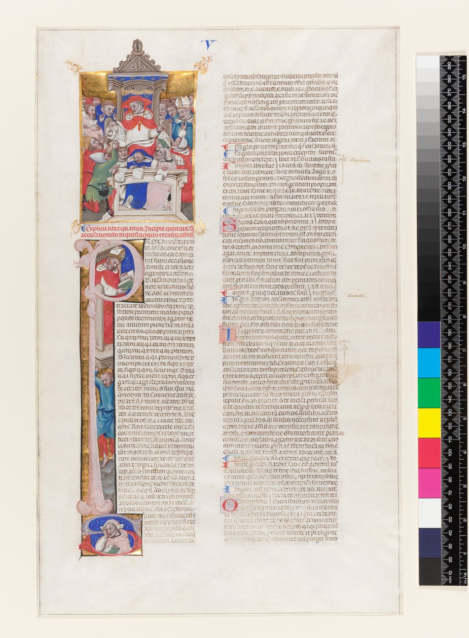 Ms 331 fol.1r Side med tekst med en historisk initial P og en miniatyr som viser en kardinal på tronen, fra bok V i Gregor IX.s dekreter, fra Bologna, ca. 1350 av Italian School