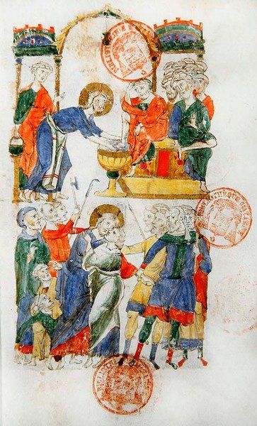 Ms 364 Jesus vasker føttene til disiplene under det siste måltid og kysset til Judas, fra Breviary of Monte Cassino (vellum) av Italian School