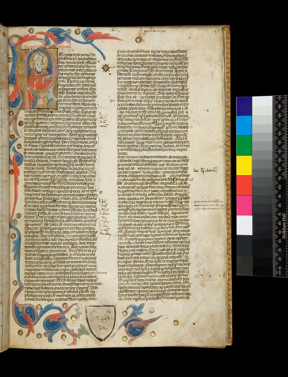 Ms 370. Orosius, historien om hedningene mot hedningene Opplyst bebodd initial [P], med portrett av forfatter kledd som en biskop, og delvis kant med bladmotiver, Bologna eller Padua av Italian School