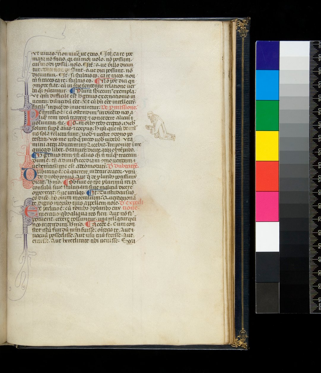 Ms 373. Pseudo-Cicero, Rhetorica ad Herennium og andre verk, f.50r. Initialer med penneblomster og en pennedekor i margen som representerer en knelende barfotmunk, ca. 1337 av Italian School