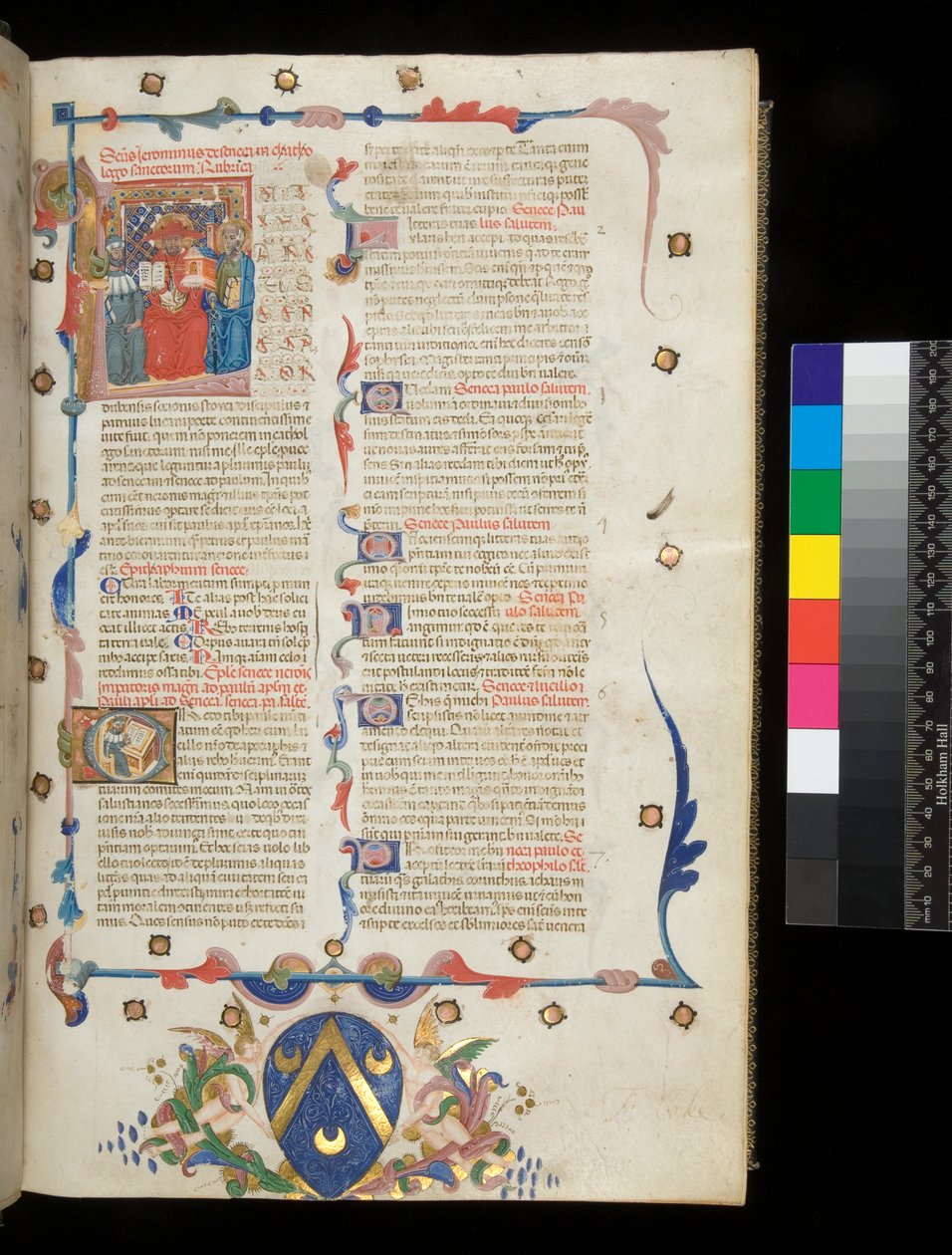 Ms 390. Seneca den yngre, Opera og Seneca den eldre, Excerpta controversiarum, f.1r. Innledende side med historisk initial [L] som huser Jerome, St. Paul og Seneca, Veneto av Italian School