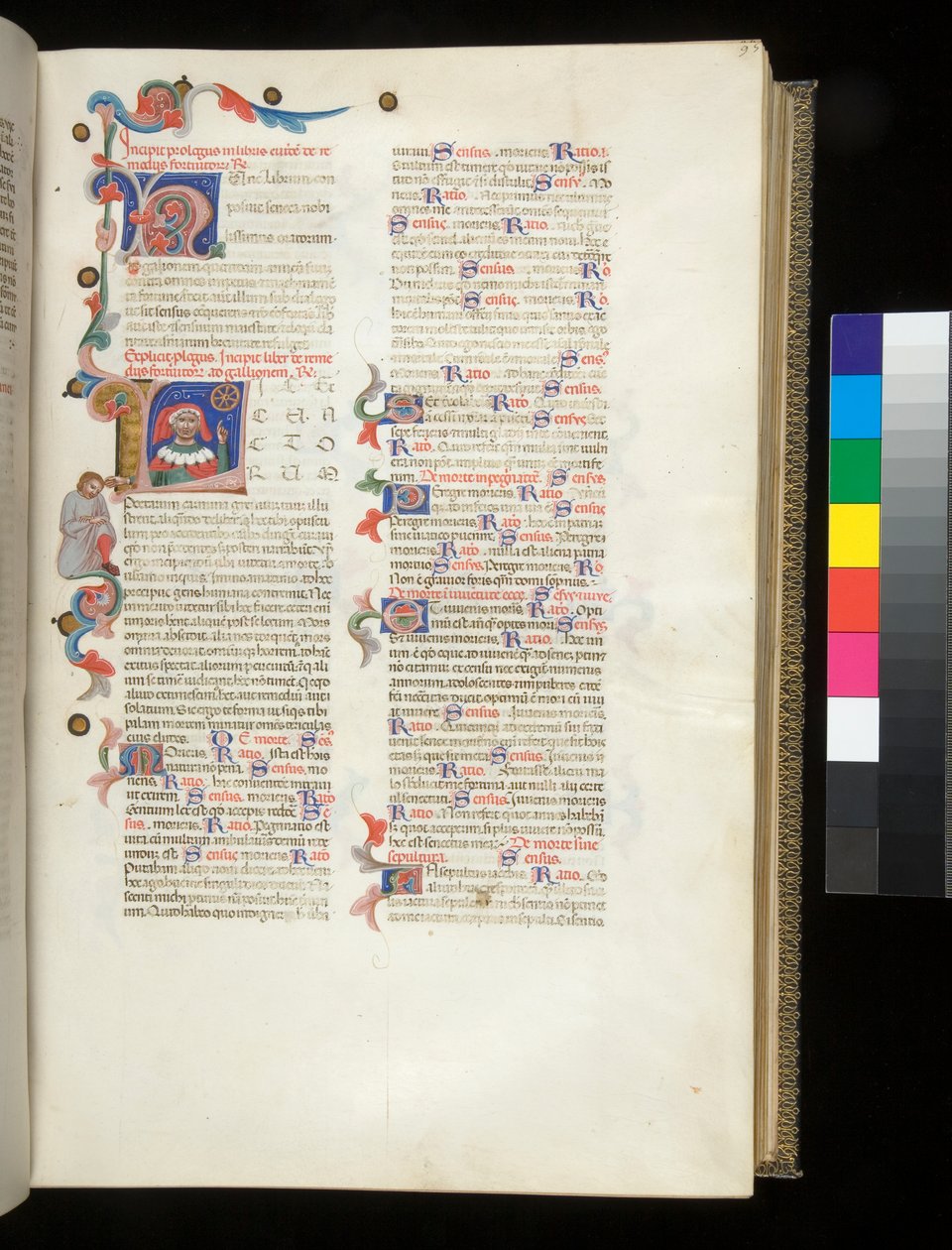 Ms 390. Seneca den yngre, Opera og Seneca den eldre, Excerpta controversiarum, f.95r. Bebodd initial [L], med portrett av Seneca som peker på lykkehjulet og på en nedslått mannsfigur i grensen av Italian School