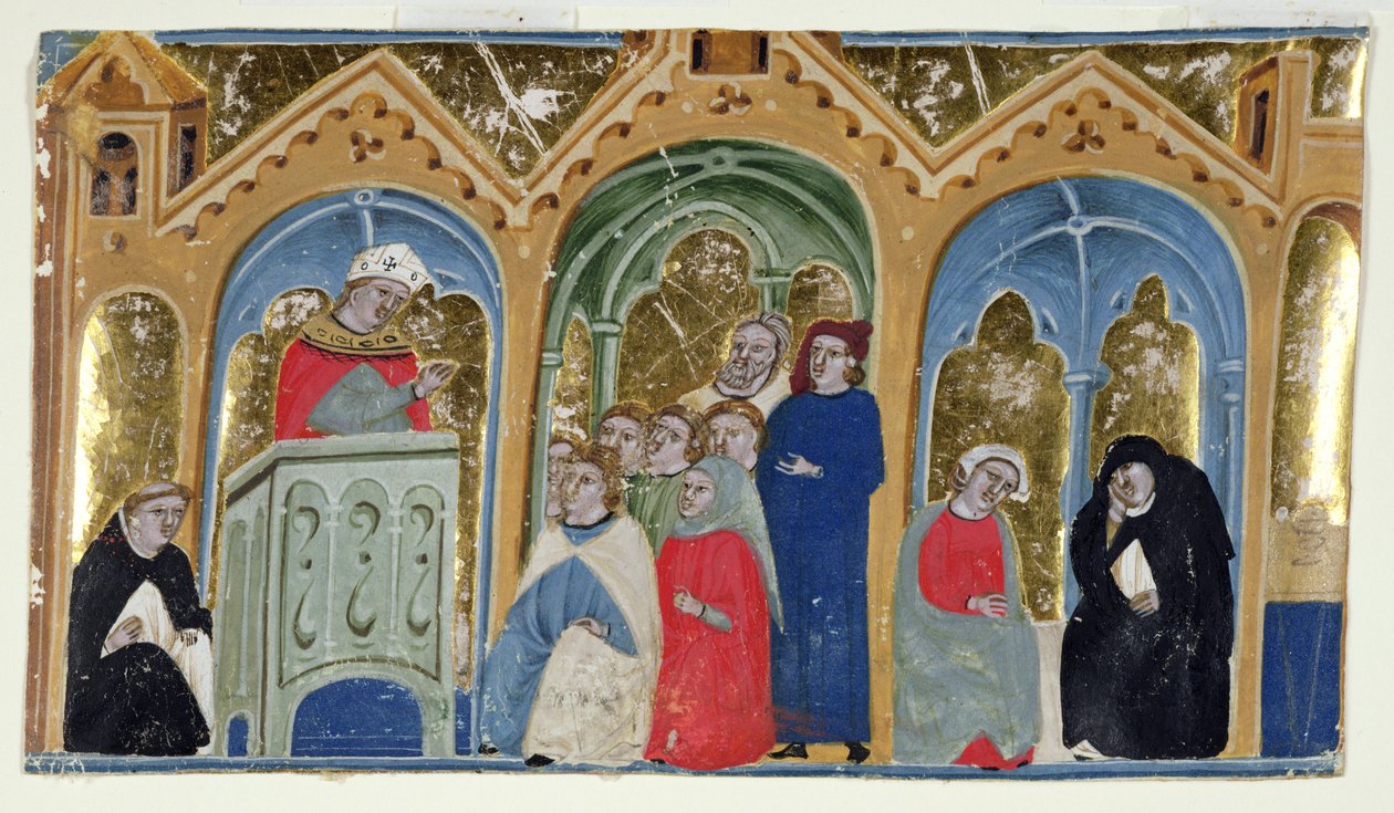 Frk. 400-2000: Miniatyr fra Gratians Decretum som viser en biskop som forkynner for en menighet, ca. 1325-30 av Italian School