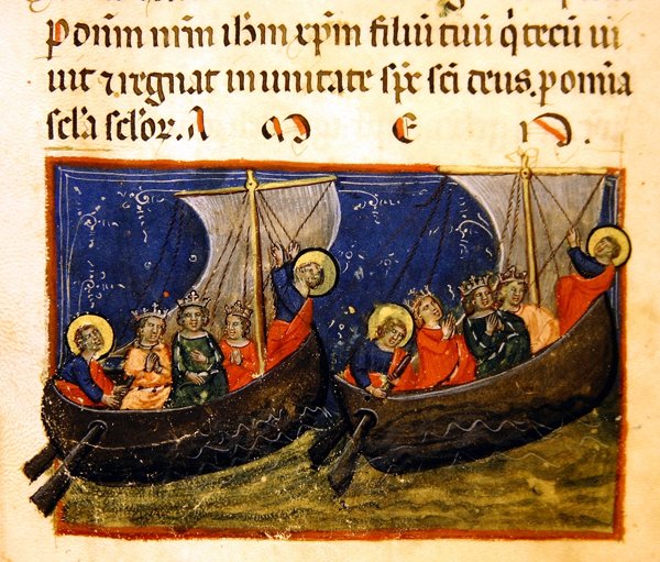 Ms. 406, miniatyr fra historien om byggingen og konstruksjonen av Johannes-evangelistens kirke, ca. 1330-40 av Italian School