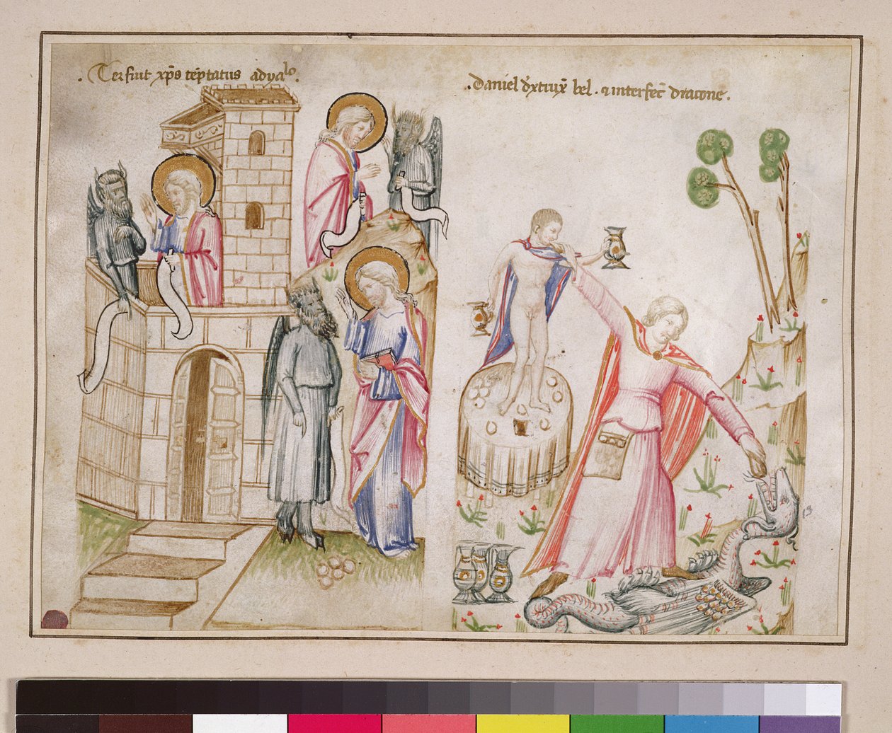 Ms 43-1950 (5v) Christs Temptation, Daniel ødelegger Bel, fra Speculum Humanae Salvationis av Italian School