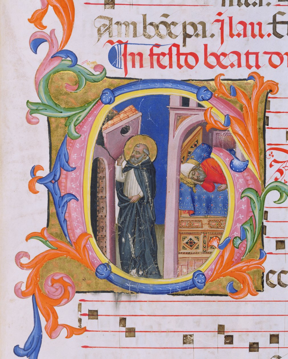 Ms 559 f.298v Historikert initial G som viser St. Dominic som opprettholder kirken og drømmen til pave Honorius III (1216-27) fra Psalter H fra San Marco e Cenacoli av Italian School