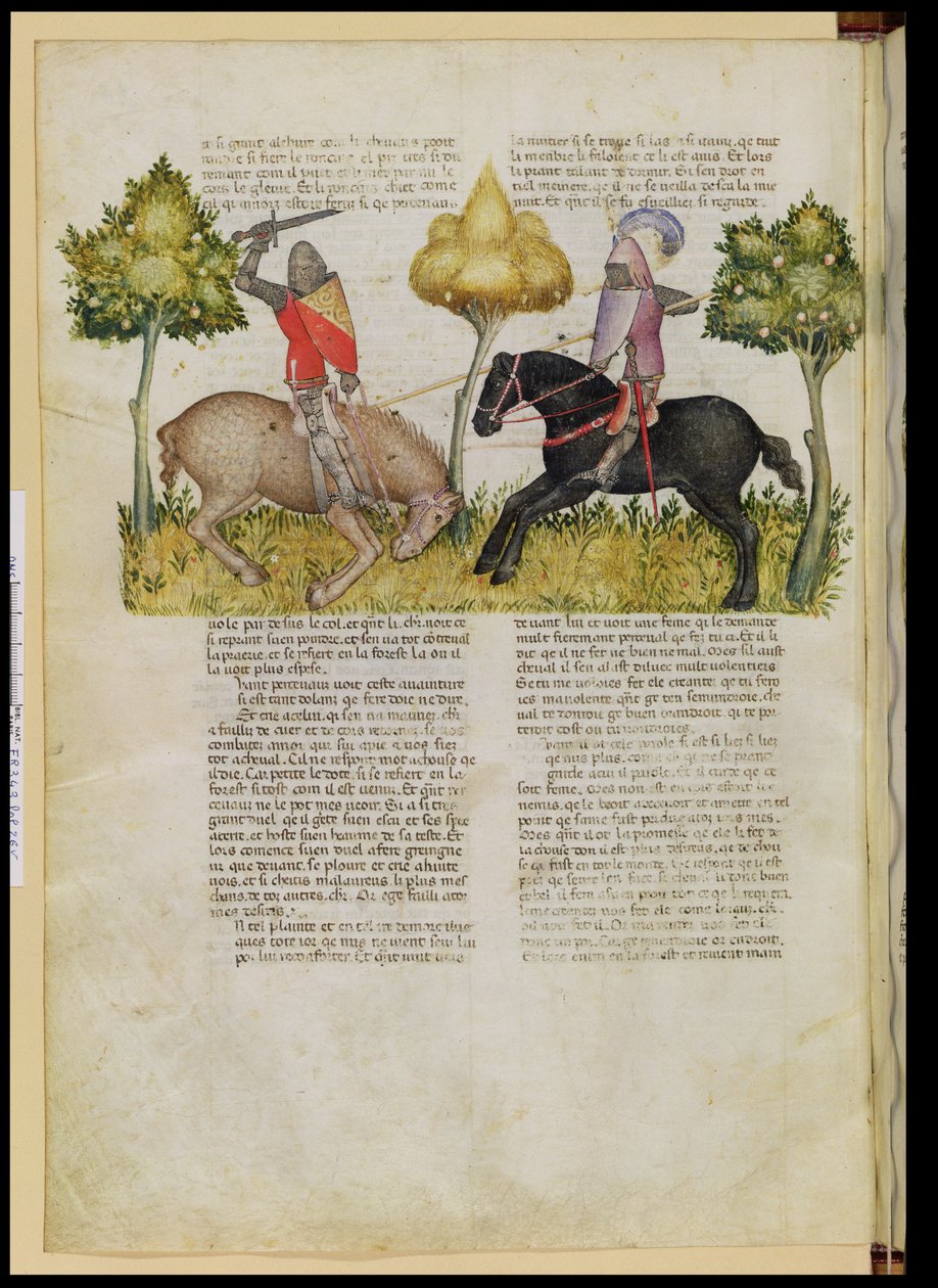 Fr 343 fol.26v Sir Percivals hest blir drept, fra Queste del Saint Graal, ca. 1380-85 av Italian School
