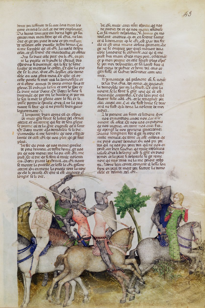 Fr 343 fol.43 En ridder av det runde bordet, Sir Bors, blir tvunget til å velge mellom å redde sin bror Lionel eller redde en jente fra Queste del Saint Graal, ca. 1380-85 av Italian School
