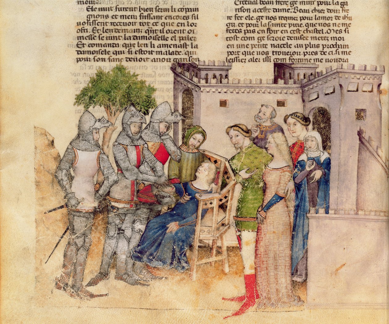Fr 343 fol. 59v The Death of Percivals Sister, fra Queste del Saint Graal, ca. 1380-85 av Italian School