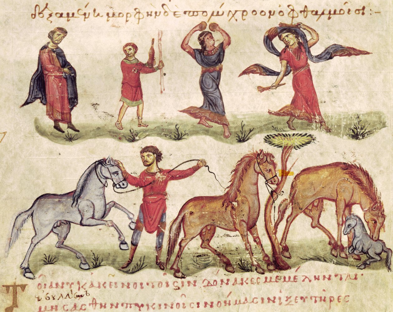 Ms Grec 479 Horse Trainers, illustrasjon fra Halieutica eller Cynegetica av Oppian av Italian School
