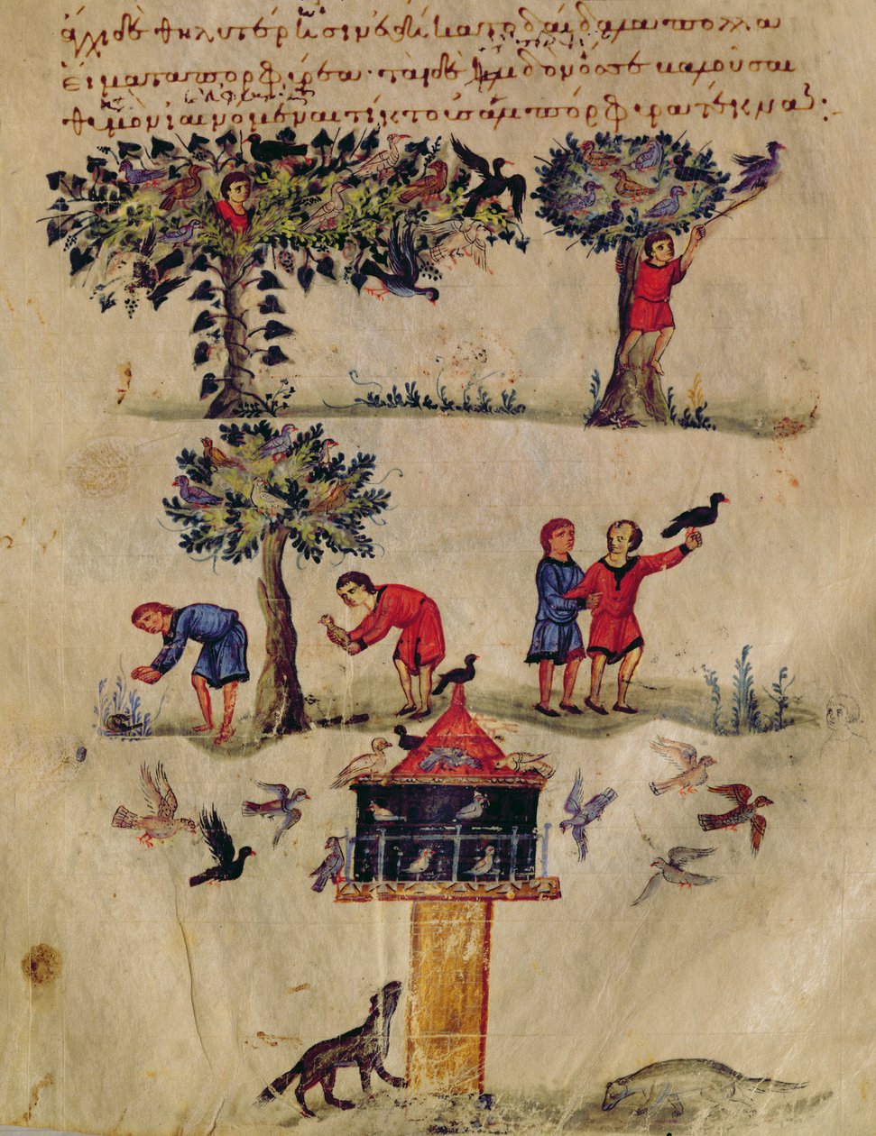 Ms Grec 479 Hunting for Birds, illustrasjon sannsynligvis fra Ixeutika av Oppian (tempera på vellum) av Italian School