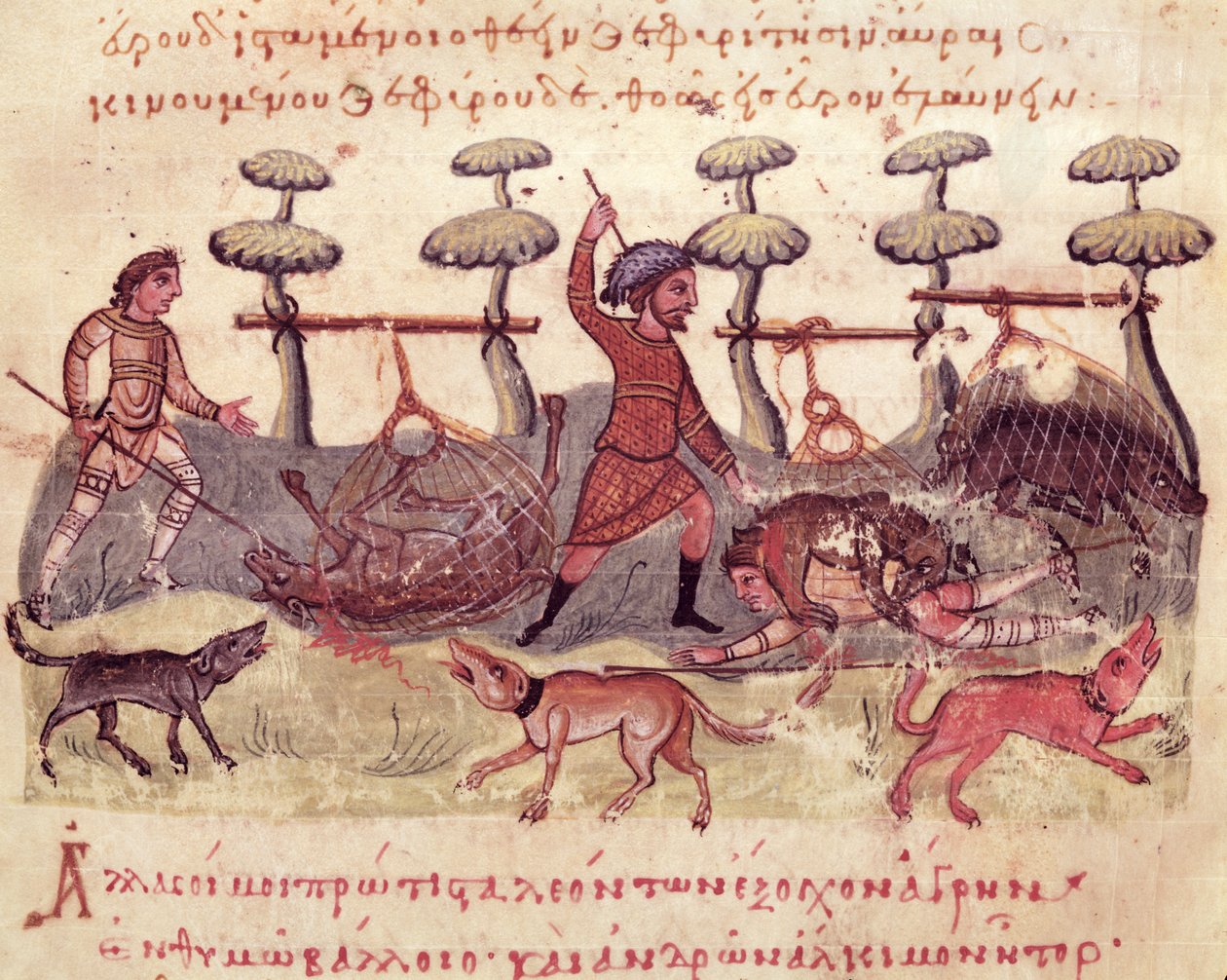 Ms Grec 479 Hunting with Nets, illustrasjon fra Cynegetica av Oppian (tempera på vellum) av Italian School