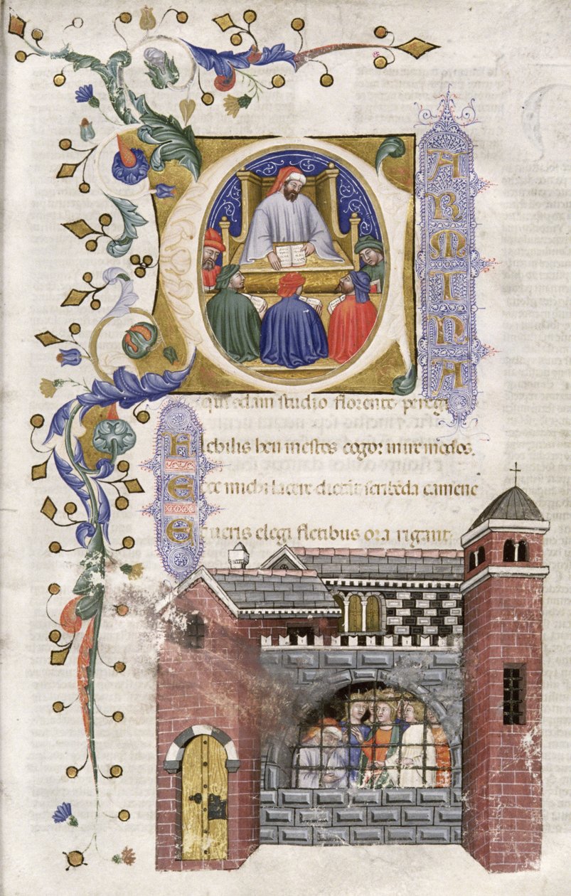Hunter 374 f.4r Boethius med studenter i fengsel, fra De Consolation Philosophiae cum Commento, 1385 av Italian School