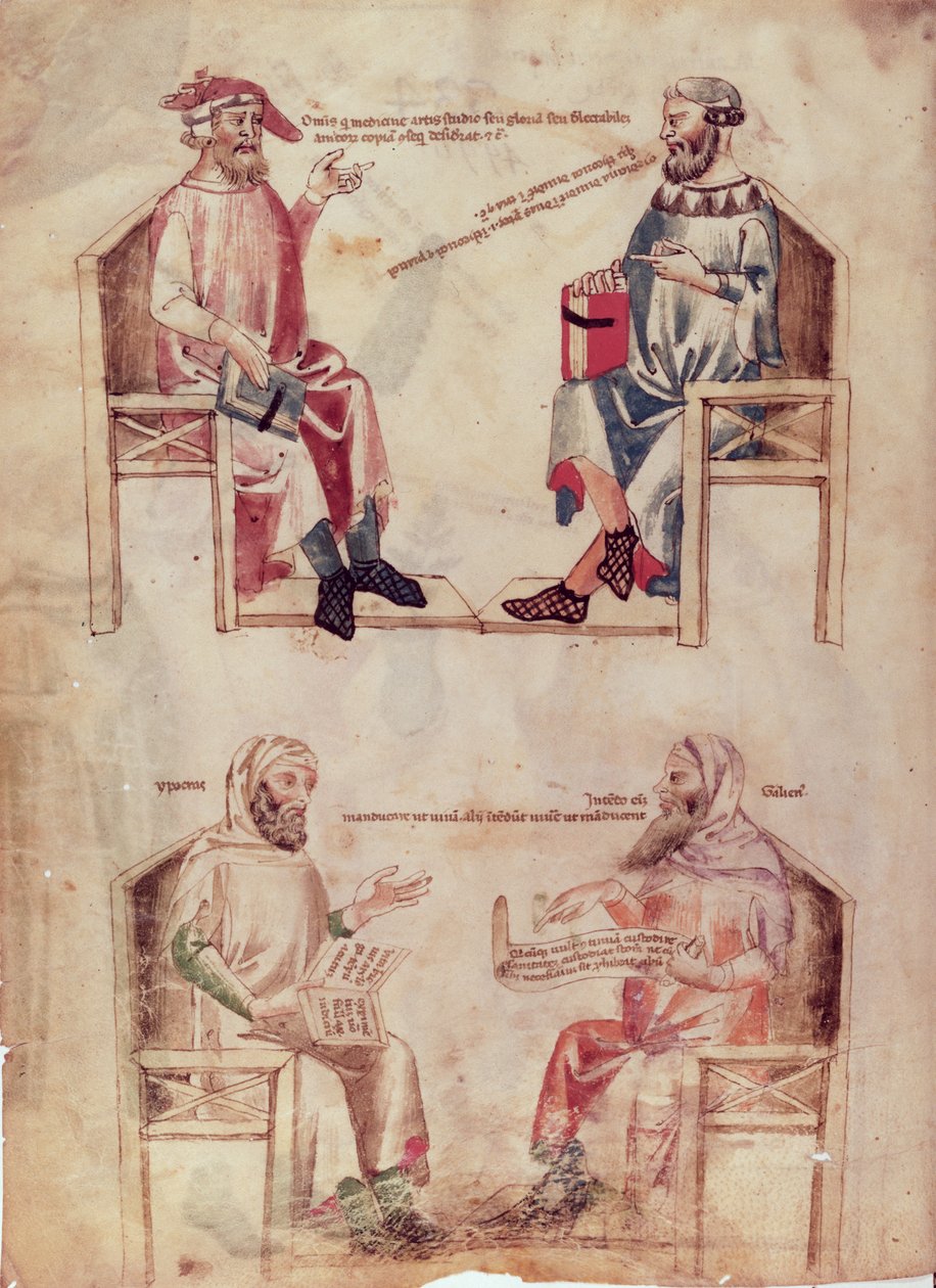 Ms Lat 6823 fol.1v Hippokrates (ca.460-c.377 f.Kr.) og Hunayn ibn Ishaq (808-73) og Hippocrates og Claudius Galenus (ca.131-c.201) fra De Herbis av Manfredus de Monte Imperiali, ca. .330-40 av Italian School