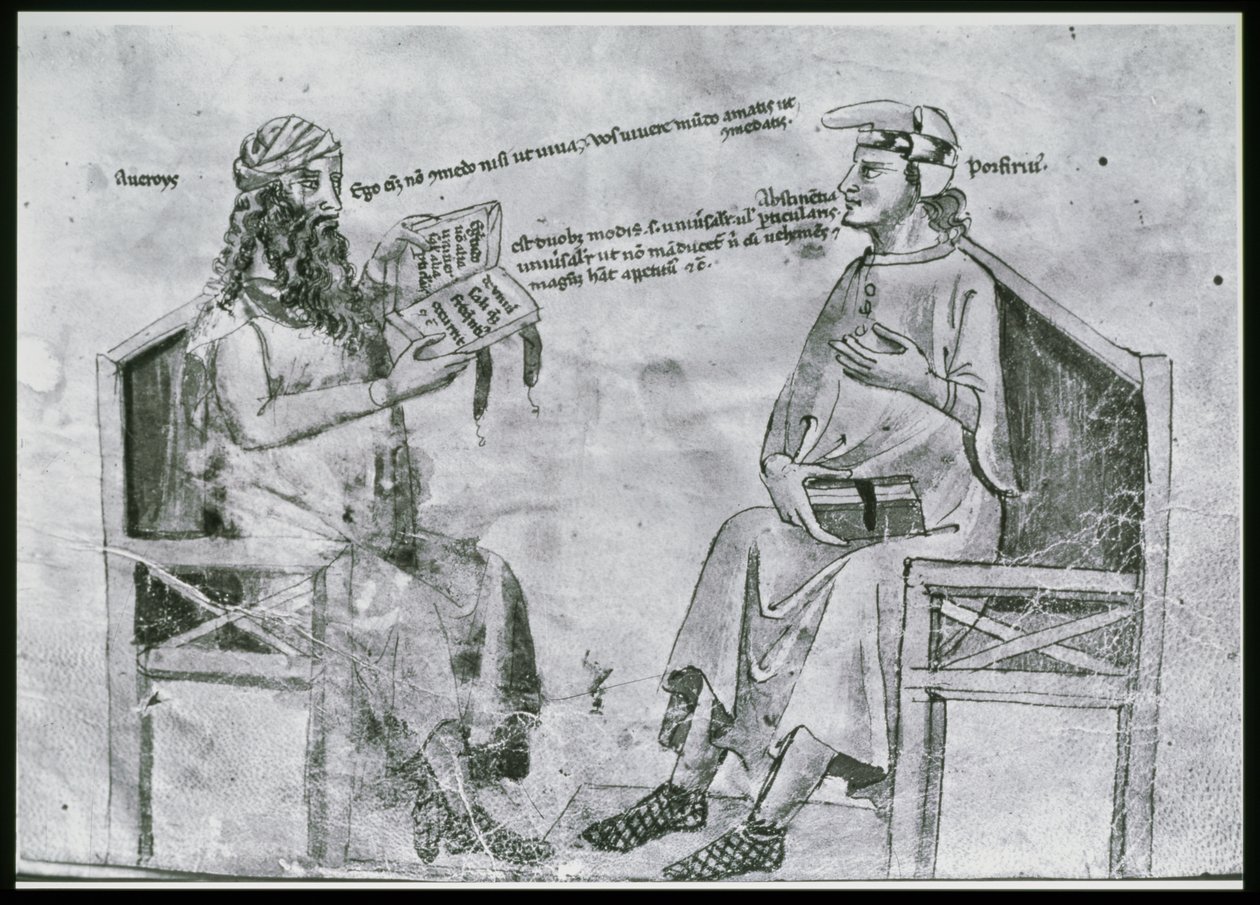 Ms Lat 6823 fol.2 Averroes (1126-98) i samtale med porfyr (c.232-c.305) (penn og blekk og vask på papir) av Italian School