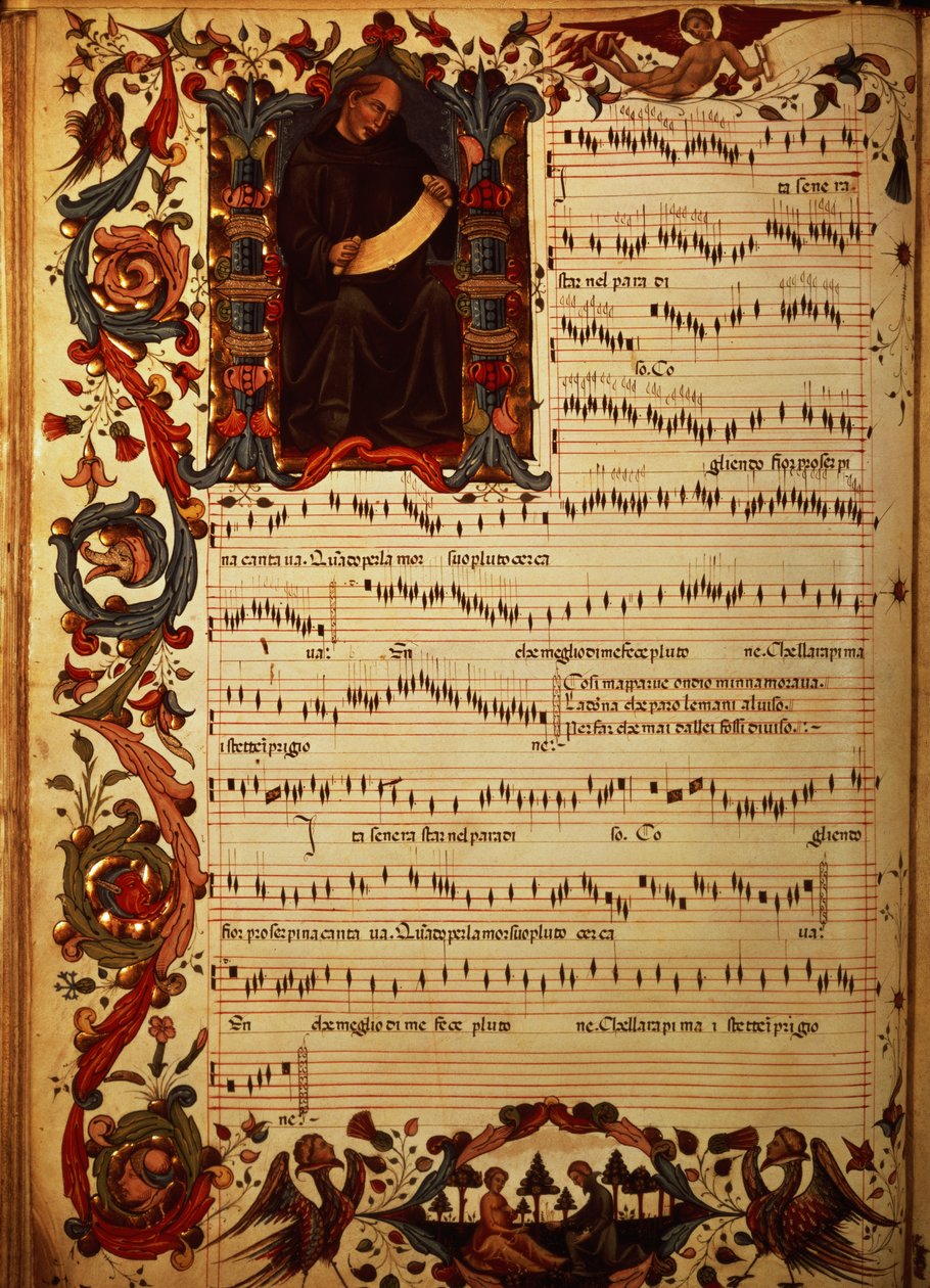 Ms Med. Pal. 87 side med musikalsk notasjon med historisk initial, fra Squarcialupi Codex, produsert ved det florentinske klosteret S. Maria degli Angeli (vellum) av Italian School