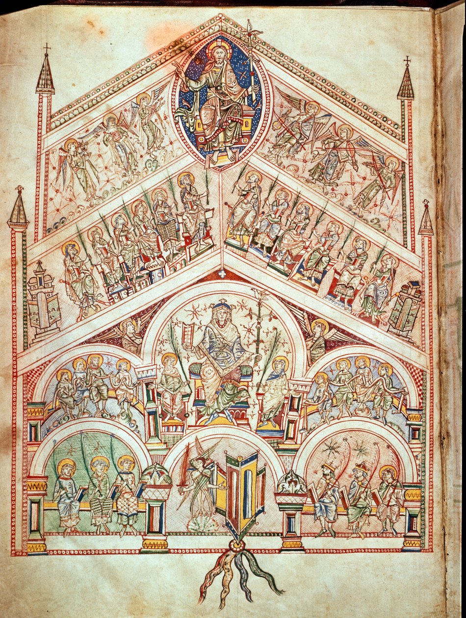 Ms. Plut.12.17 f.2v Den himmelske byen med Kristus på tronen, illustrasjon til utgaven av originalteksten skrevet av St. Augustine av Hippo (354-430) i 413-426, fra De Civitate Dei, (11.-12. av Italian School