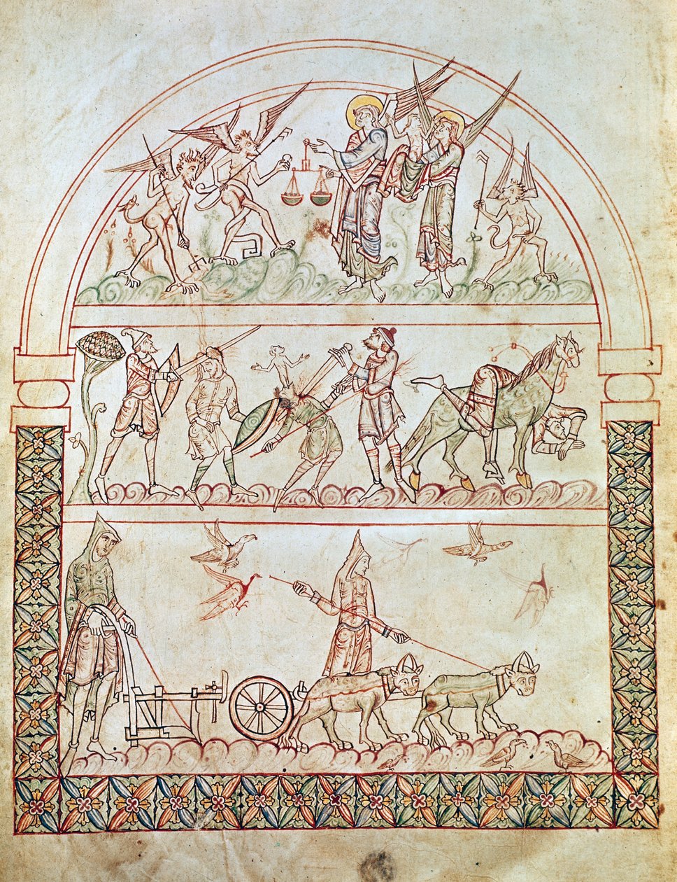 Ms. Plut. 12.17, c. 1b, Den jordiske byen med menneskehetens vanskeligheter og ulykker og en sjels dom, fra The City of God av St. Augustine, 11.-12. av Italian School