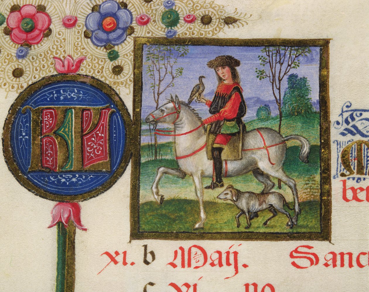 Ms. lat.424 fol.3r Mai måned: Falkejakt, fra breviaret av Ercola d