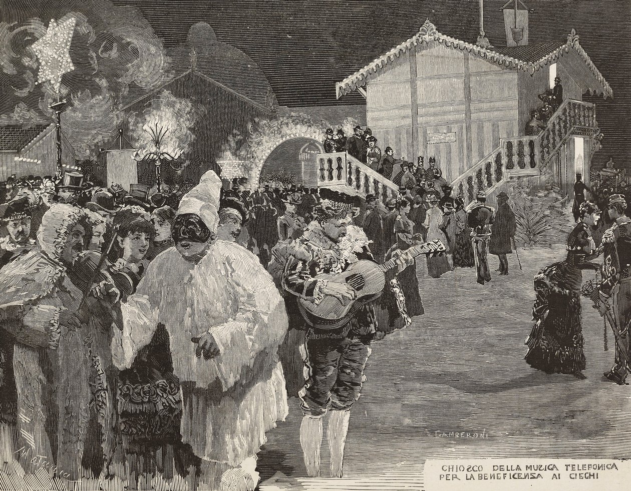 Musikkiosk for å samle inn penger til blinde, Pulcinella-maske, karneval i Napoli, Italia, gravering fra tegning av Matania, gravering av Gamberoni fra L'Illustration Italiana, nr. 8, 24. februar av Italian School