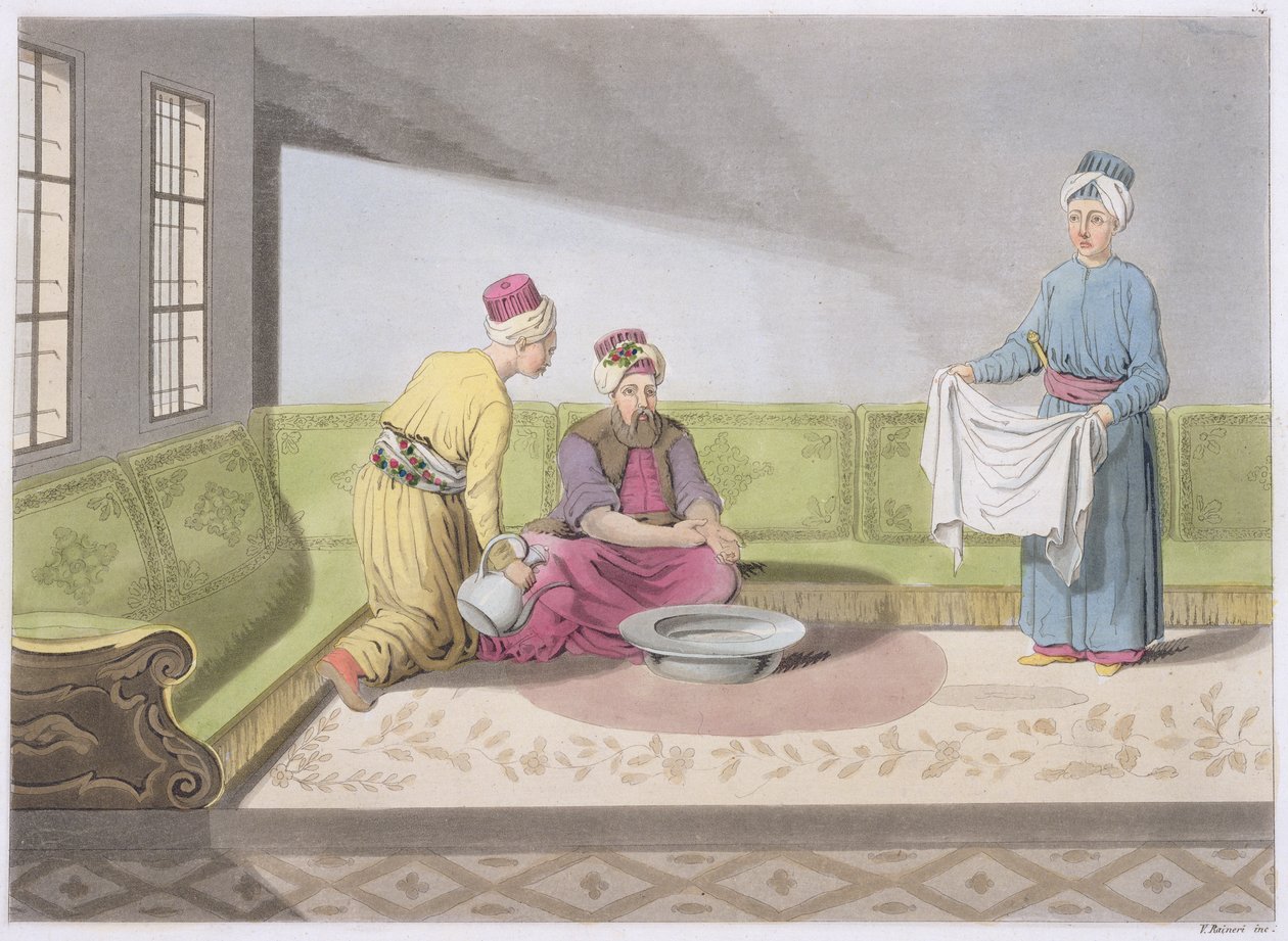 Muslim Performing his Ablutions, plate 34 fra del III, bind I av The History of the Nations, gravert av V. Raineri (akvatint) av Italian School