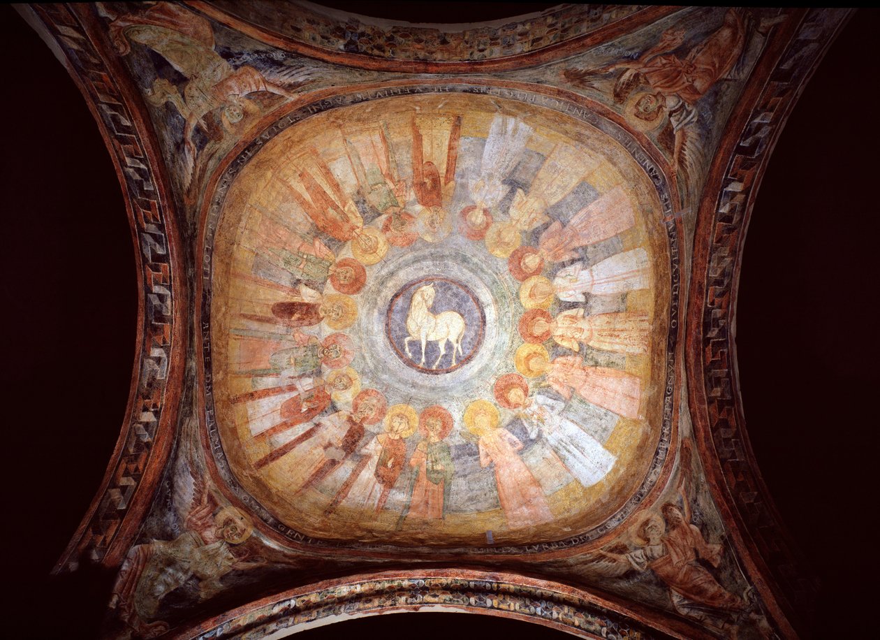 Mystisk lam omgitt av helgener og engler - Fresco av Italian School