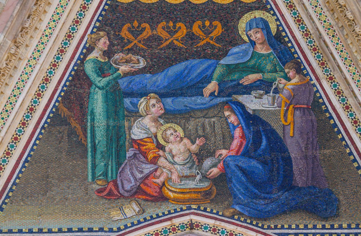 Marys fødsel, mosaikk, gavl til sideinngang, mosaikk, fasade av Orvieto-katedralen, Umbria, Italia av Italian School