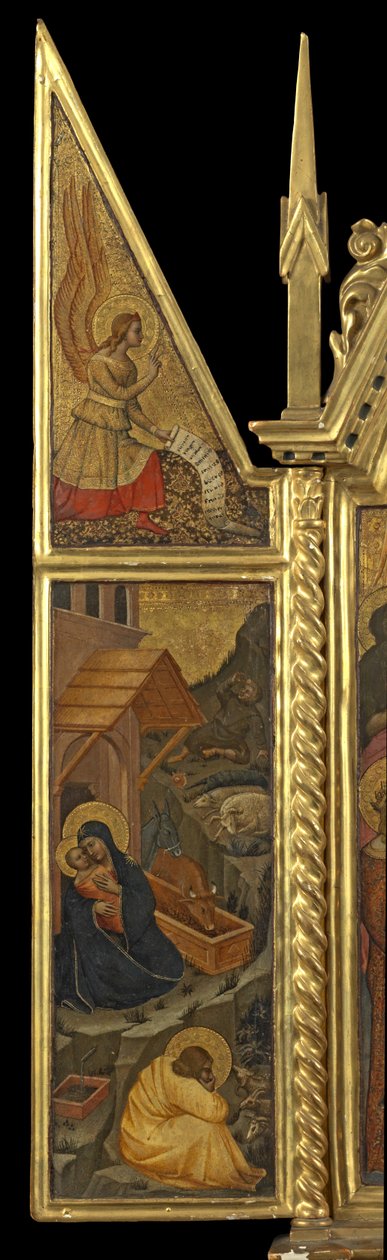 Fødsel med Angel of the Annunciation - over (venstre panel), ca.1330-70 (tempera på panel) av Italian School