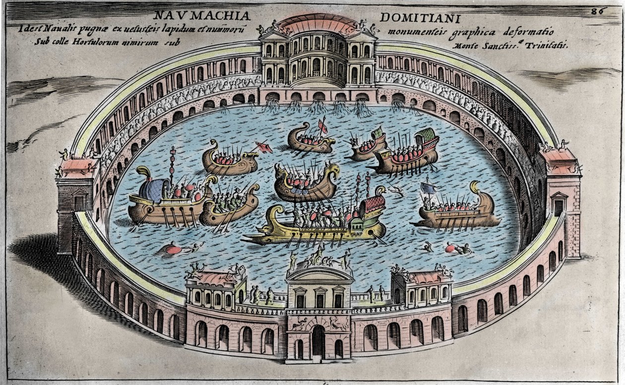 Naumachia, sjøkamp i et amfiteater i Roma. av Italian School