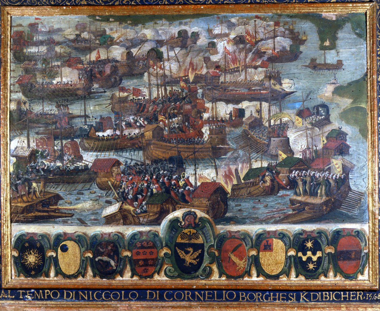 Sjøslaget ved Lepanto (Lepanto): "" På den tiden Niccolo di Cornelio Borghesi Kdibicher "" - maleri bevart i nasjonalarkivet, Siena. av Italian School
