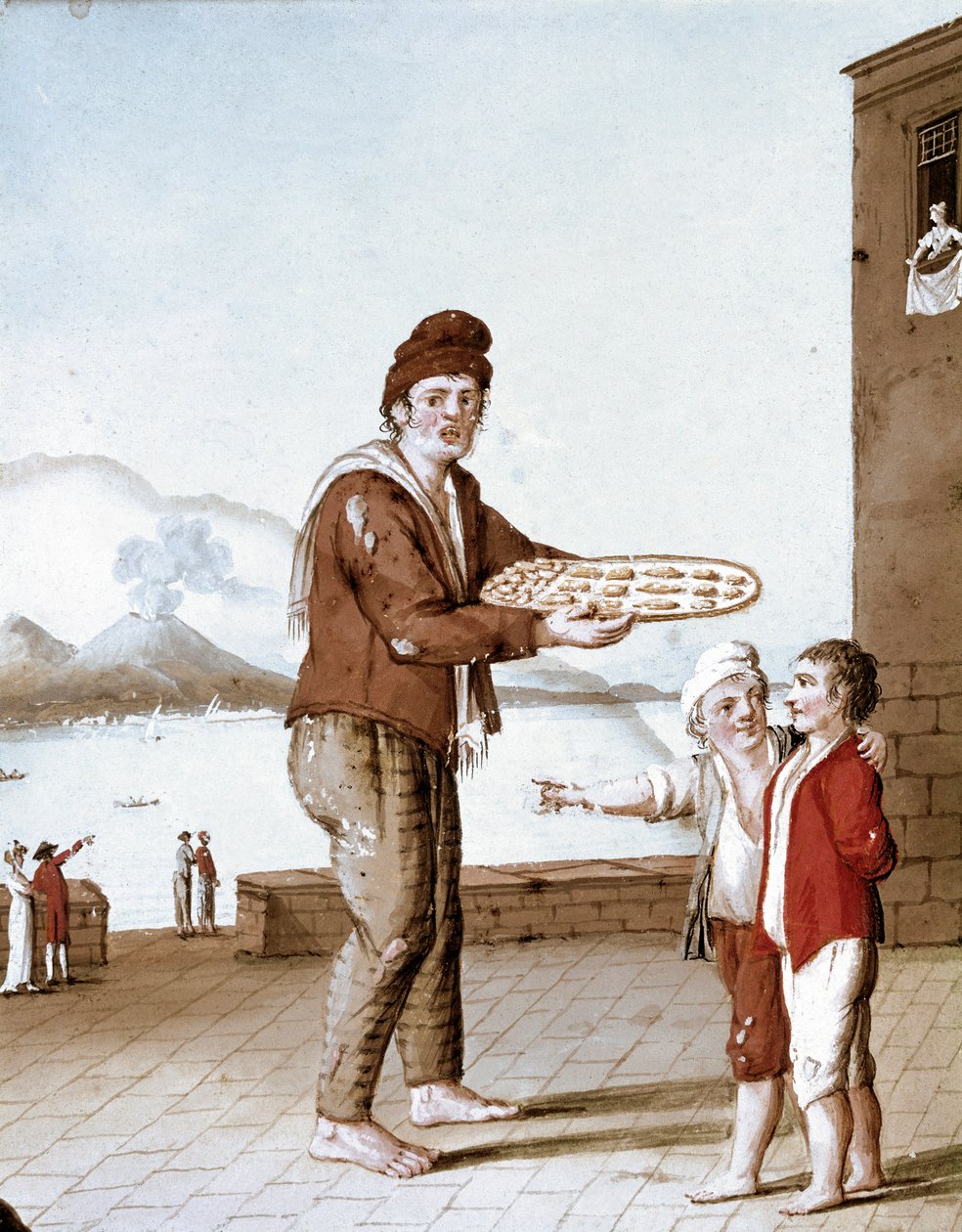 Napolitanske små metiers: selgeren av "" pasticiotti"" (napolitansk sand) - (Gammel handel: kjeksselgeren) Akvarell fra 1800-tallet - Napoli Museo Nazionale di San Martino av Italian School