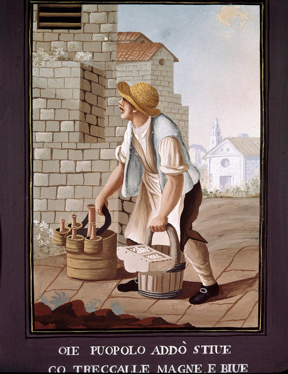 Napolitanske små metiers: den reisende selgeren av matvarer (kjøpmann) - (Gammel handel: den omreisende kjøpmannen) Akvarell fra 1800-tallet - Napoli Museo Nazionale di San Martino av Italian School