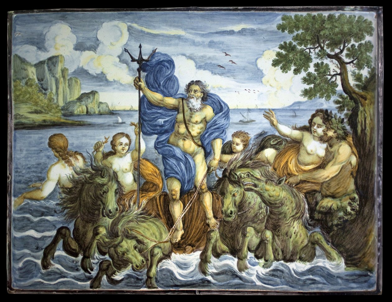 Neptun på tanken sin og med en trefork. Rektangulær plate, dekor av stor polykrom ild, laget i Castelli, Italia av Italian School