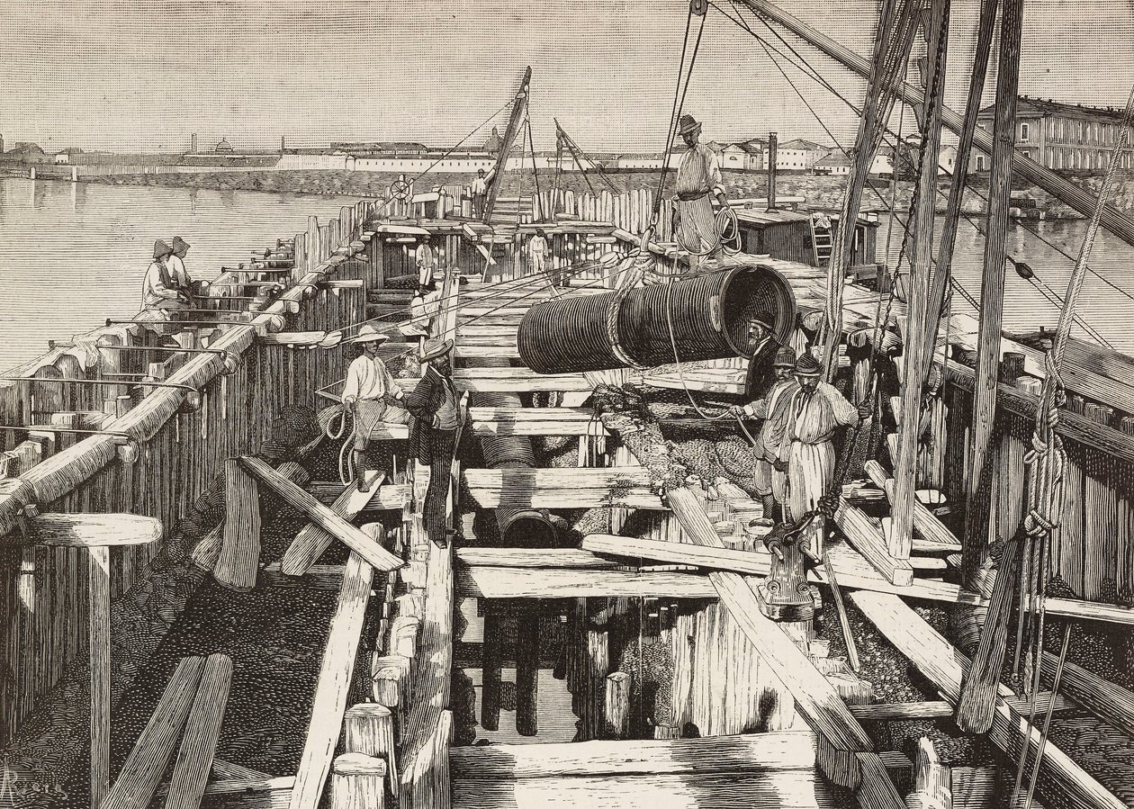 Ny akvedukt i Venezia, legger kanalen i lagunen, Italia, gravering fra tegning av Riera, fra L'Illustration Italiana, nr. 32, 10. august av Italian School