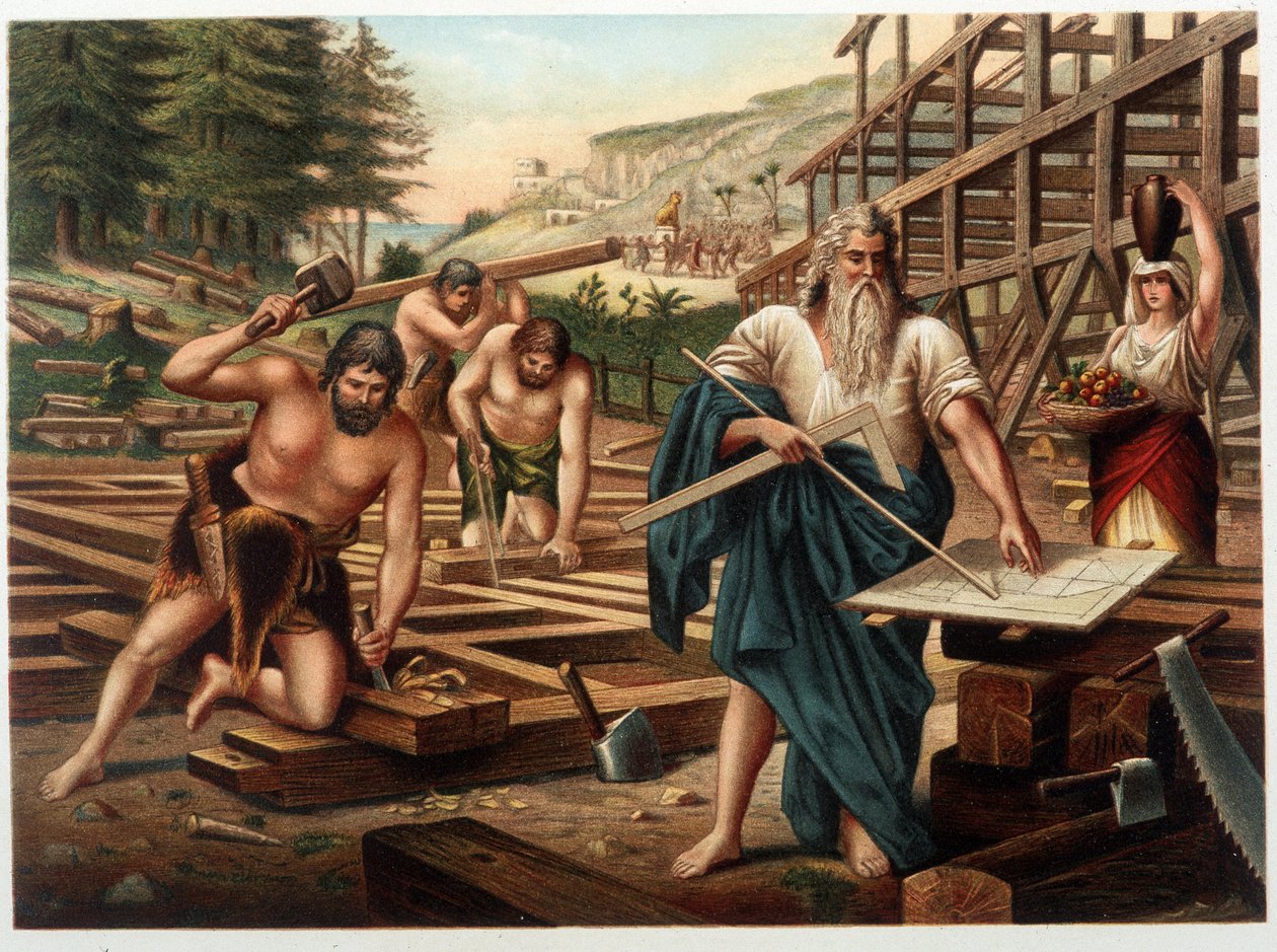 Noe og hans familie bygger arken (Noe ser på byggeplanen) i "" Golden Classic Bible: History of Divine Revelation in the Ancient and New Tesiamento "" "av Giovanni Ladislao Sykora (vol 1), oversatt av Don Clemente Benetti (Italia av Italian School