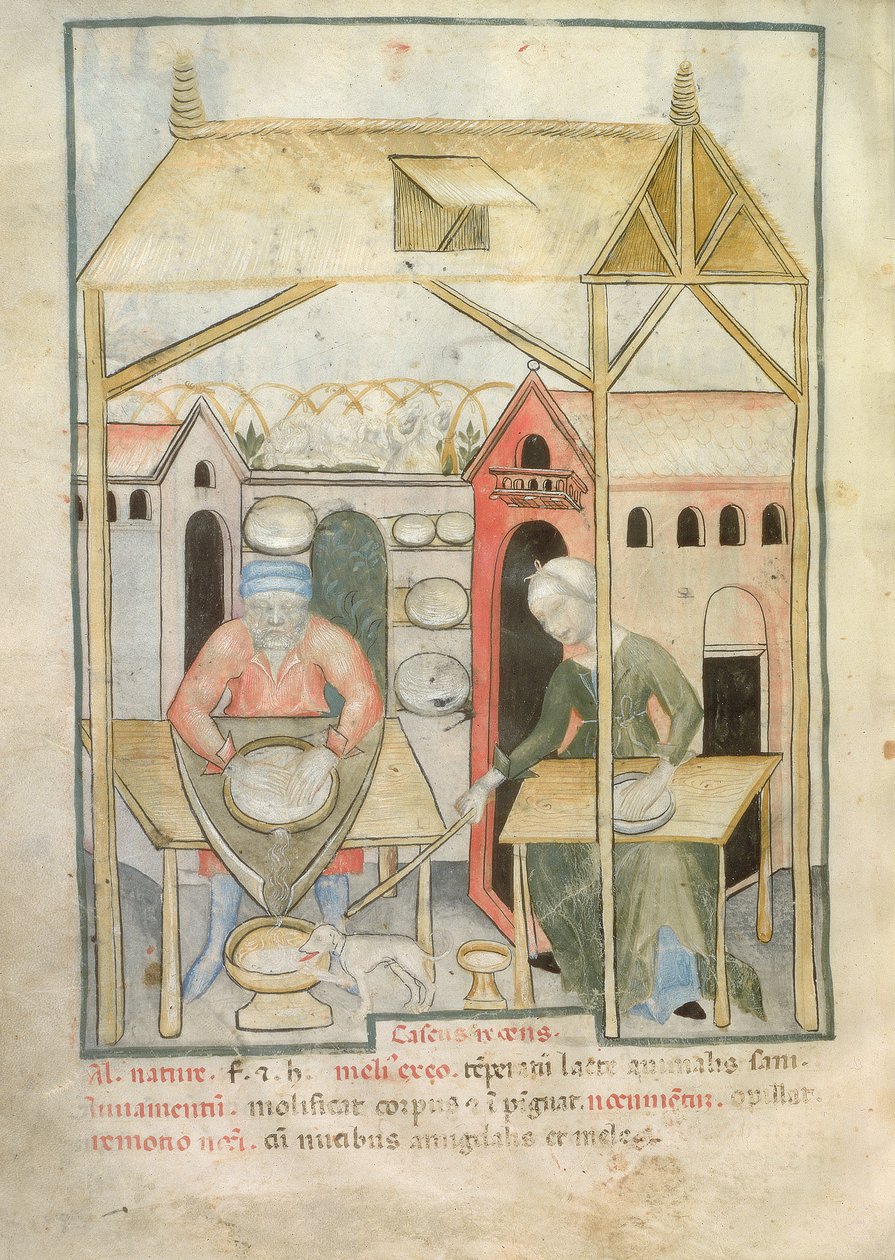 Nouv Acq Lat 1673 fol.58v Tilberedning av ost, fra Tacuinum Sanitatis, ca. 1390-1400 av Italian School