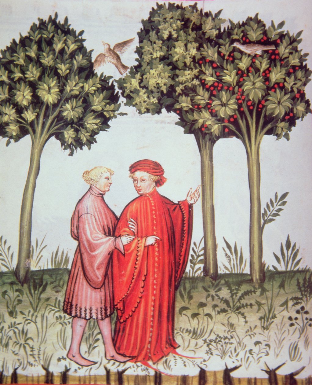 Nova 2644 fol.102v To venner ute på tur sammen, fra Tacuinum Sanitatis Codex Vindobonensis (vellum) av Italian School