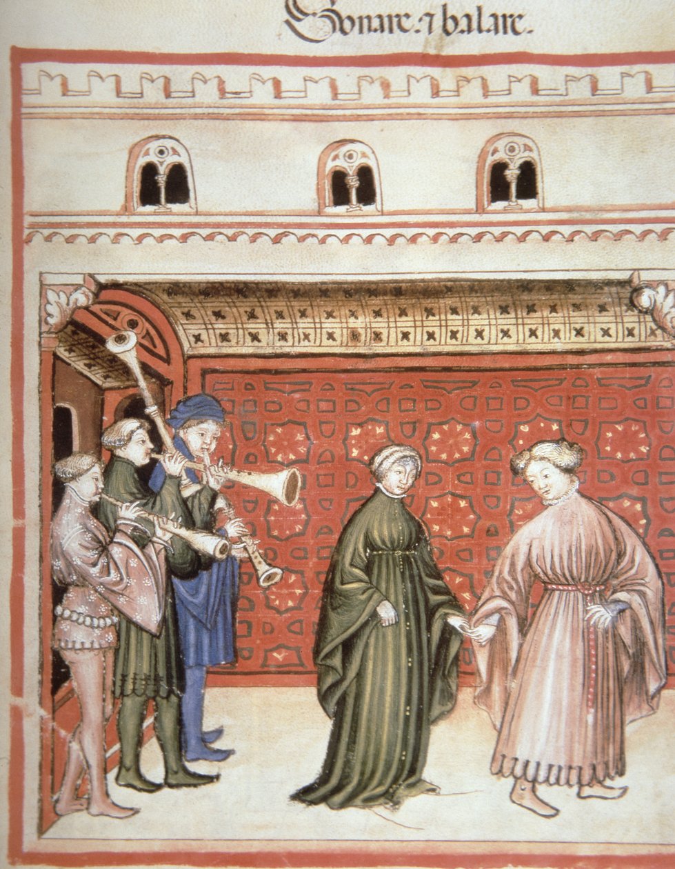 Nova 2644 fol.104r Musikk og dans, fra Tacuinum Sanitatis av Italian School
