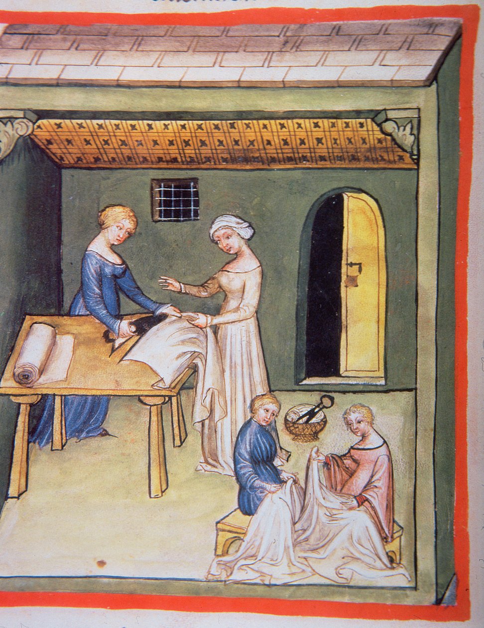 Nova 2644 fol.105v The Tailors Shop: Clothes of Linen, fra Tacuinum Sanitatis av Italian School