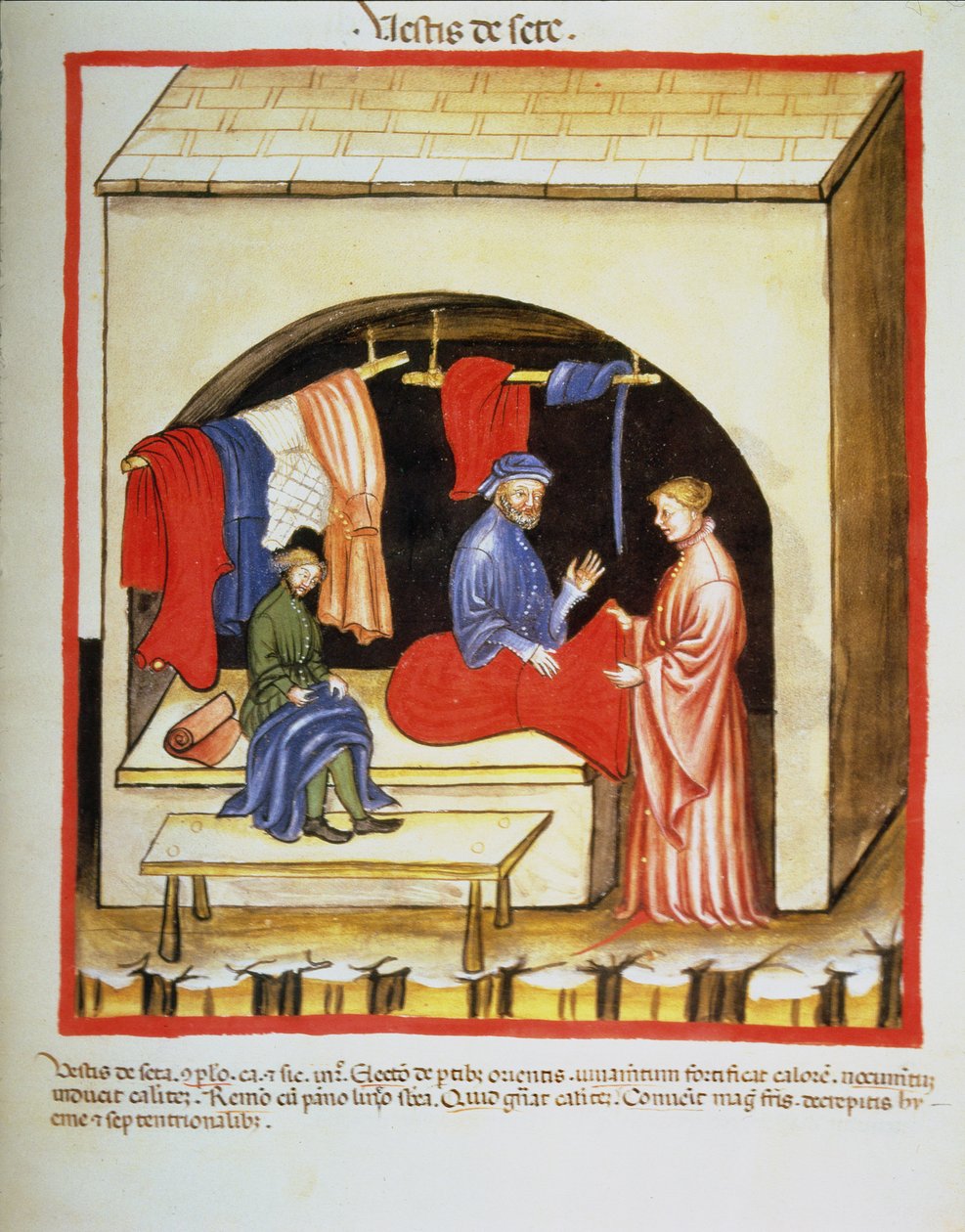 Nova 2644 fol.106r The Tailors Shop : Clothes of Silk, fra Tacuinum Sanitatis av Italian School