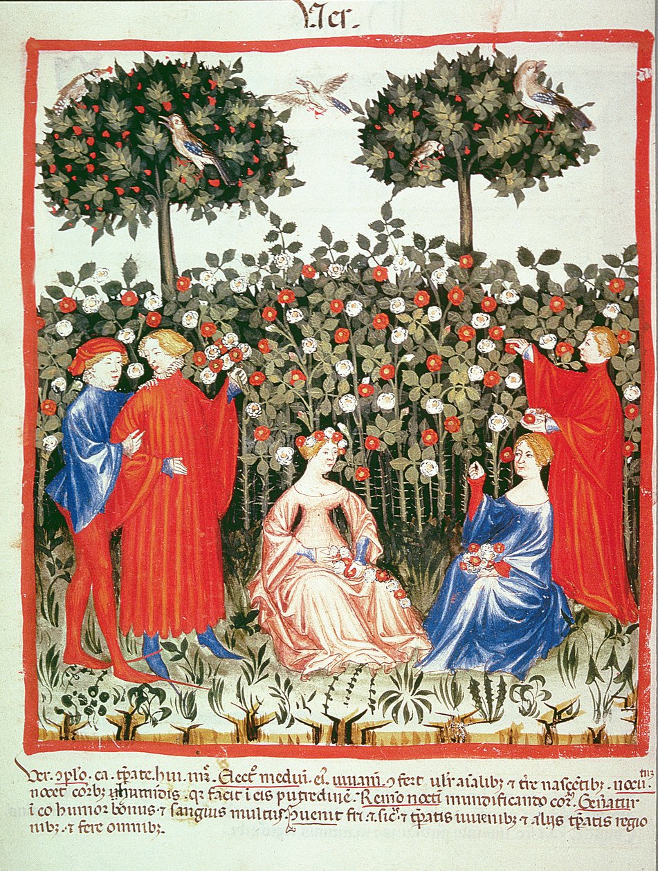 Nova 2644 fol.55v Vår: Innsamlingen av blomster, fra Tacuinum Sanitatis av Italian School