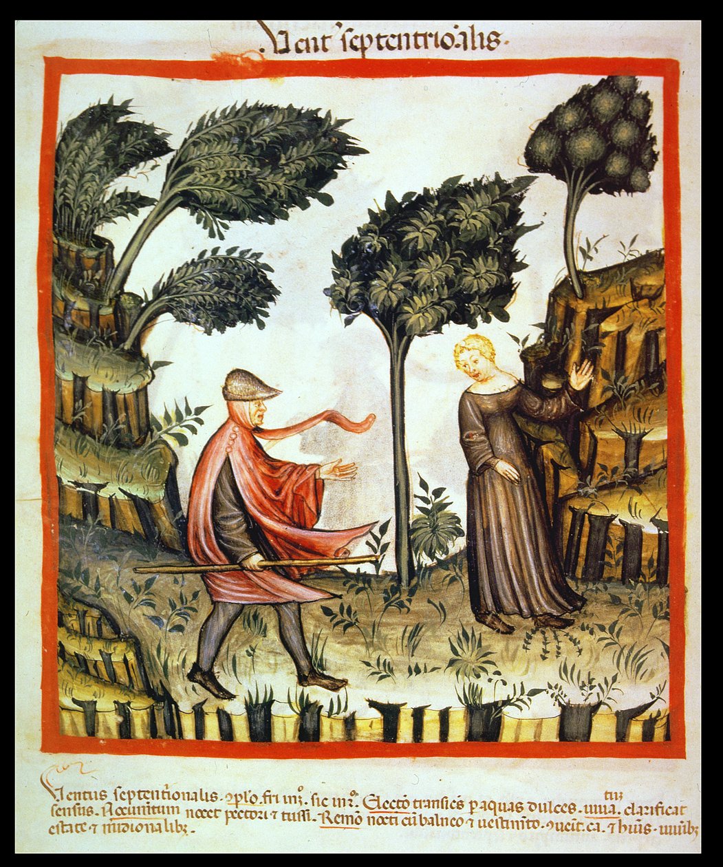 Nova 2644 fol.58v Nordavinden, fra Tacuinum Sanitatis av Italian School