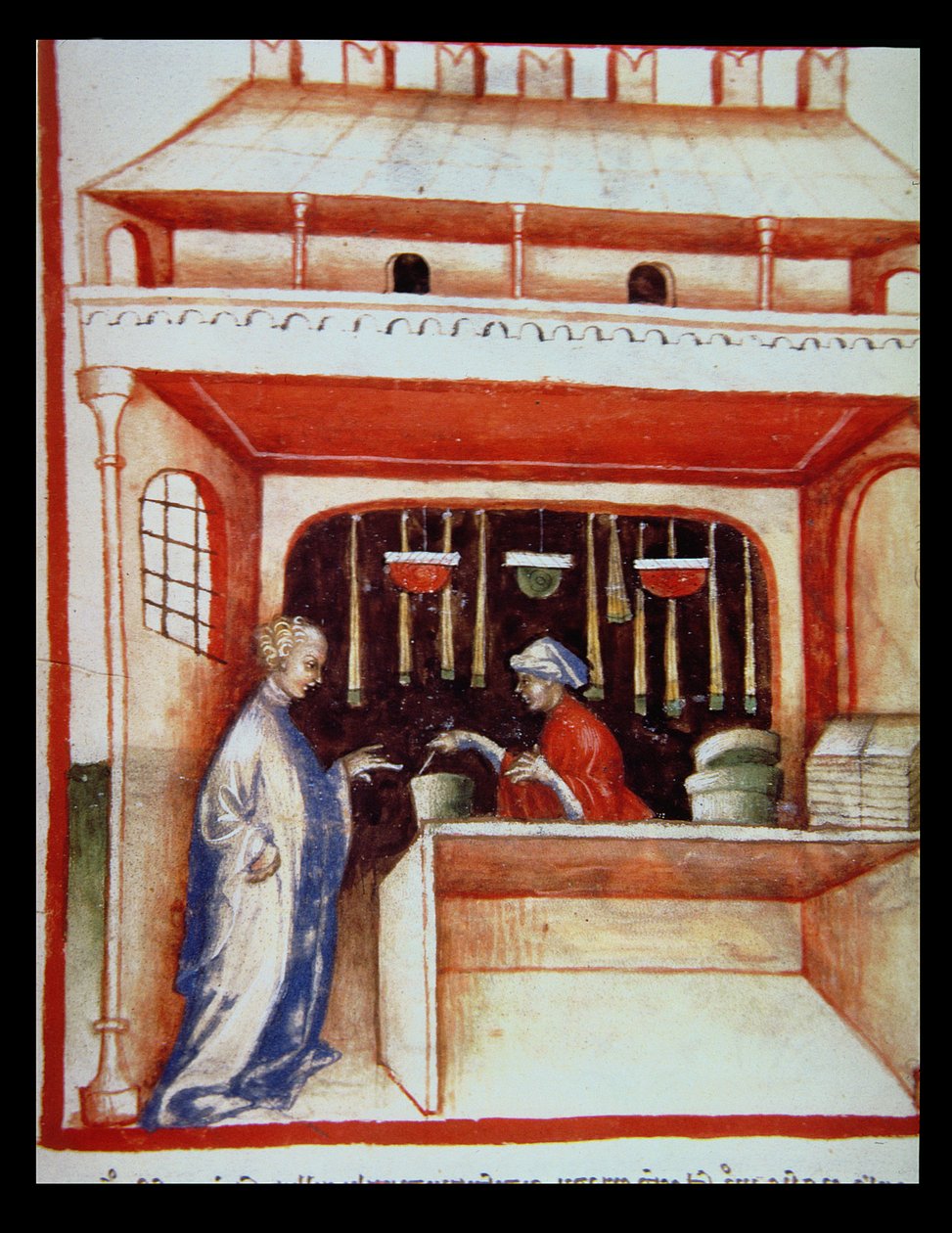 Nova 2644 fol.93v Salg av moskus, fra Tacuinum Sanitatis av Italian School