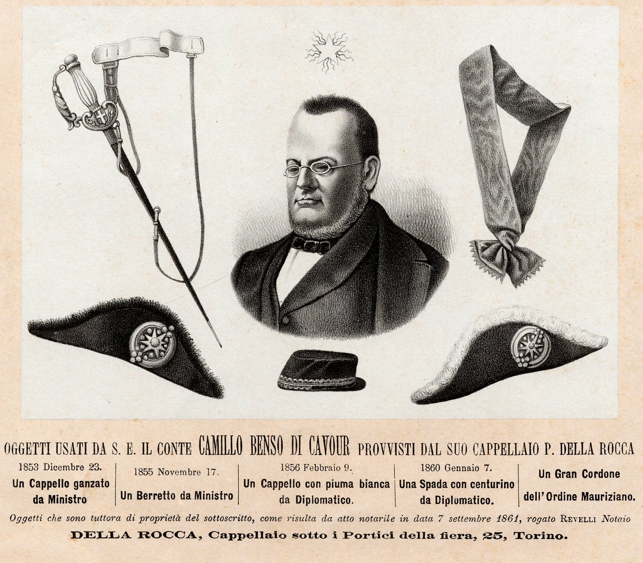 Gjenstander brukt av Camillo Benso conte di Cavour (1810-1861) - hatter og insignier for hans politiske og diplomatiske funksjoner, med den store snoren til Saint Maurice og Saint Lazarus orden (Ordine dei Santi Maurizio e Lazzaro) - Gravering 1800-tallet av Italian School